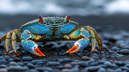 Vibrant blue crab on dark volcanic beach, ocean waves in background
