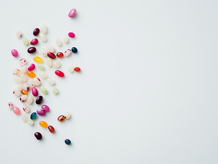 A collection of colorful jelly beans scattered on a plain white background