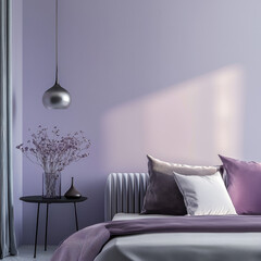 Modern bedroom with soft lavender hues and warm lighting