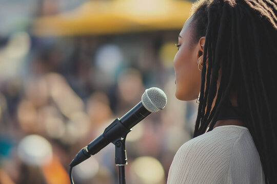 A woman speaking on a microphone at public event.