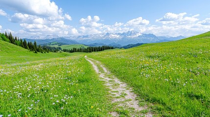 Fototapeta premium Mountain meadow path, wildflowers, scenic view, summer day, travel poster