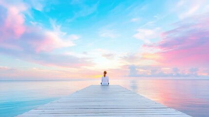 Woman meditates on sunrise ocean dock
