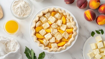 A white table is covered with a variety of ingredients needed to make a peach cobbler pie.