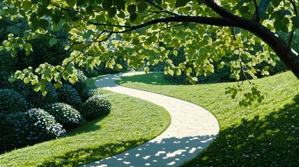 Naklejka premium Serene Pathway Through Lush Greenery in Bright Sunny Park Scene