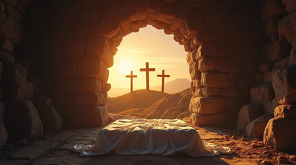 inside the empty tomb of Jesus Christ looking out at three crosses on a hill at sunrise, white cloth on stone slab, dramatic lighting, Easter scene
