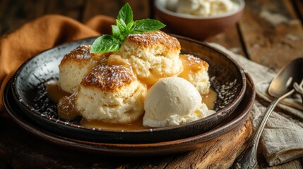 Delight in warm, homemade peach cobbler topped with flaky drop biscuits. Savor its sweetness with creamy French vanilla ice cream, all against a cozy, rustic backdrop.