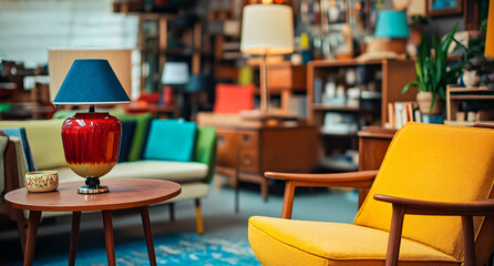 Vintage decor in eclectic style in bright colors for home interior.