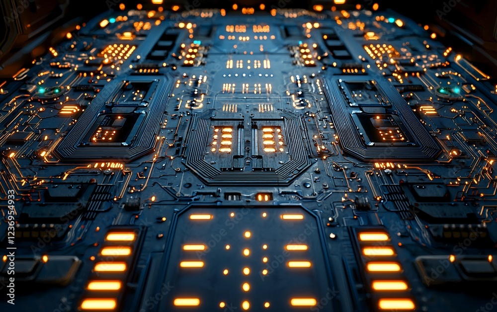 Poster Close-up of illuminated circuit board with processors and pathways.