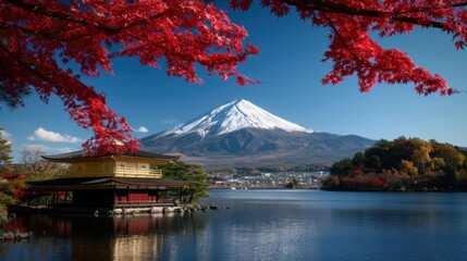 Tranquil view of mount fuji with autumn leaves and traditional japanese architecture