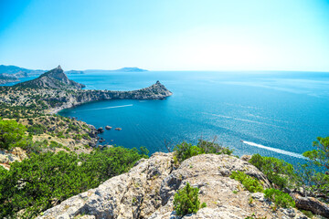 Picturesque seascape with beautiful view of Cape Kapchik and the Black Sea. Crimean Peninsula. Russia