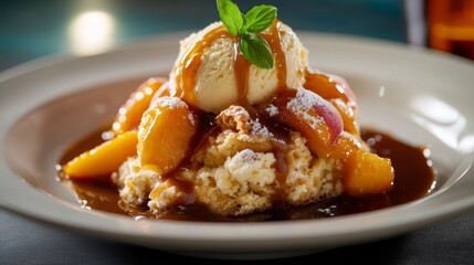 Indulge in a scrumptious treat!

Warm peach cobbler topped with creamy vanilla gelato and drizzled with rich bourbon caramel sauce for a delightful and satisfying dessert experience.
