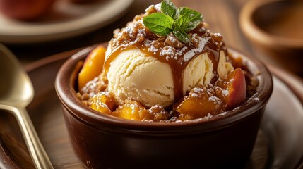Indulge in a scrumptious treat!

Warm peach cobbler topped with creamy vanilla gelato and drizzled with rich bourbon caramel sauce for a delightful and satisfying dessert experience.