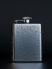 a shiny stainless steel hip flask with water droplets on it, isolated on a black background