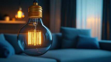 Warm Edison bulb illuminating cozy living room at night