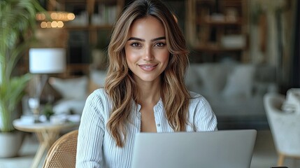 Young woman working on laptop in a cozy indoor workspace with plants and soft lighting