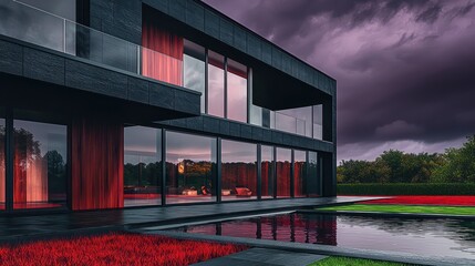 Fototapeta premium A modern house with jet black exteriors and cherry red wood cladding