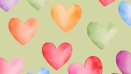 A pattern of watercolor hearts in shades of red, pink, orange, green, blue, and purple on a soft green background. The hearts are randomly arranged, creating a warm and artistic atmosphere.