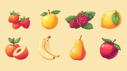 Set of fruit and berry icons including strawberry, peach, apple, raspberry, pear, banana, and orange.