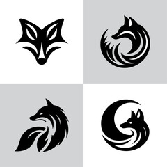 Minimalist fox logos set, black and white illustrations, geometric animal designs