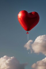 red heart shaped balloons Floating in the air with clouds in the background.