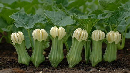 Obraz premium Creamy flowers blooming in a garden row. Use gardening website