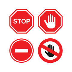 Caution warning signs set and Simple red stop roadsign with big hand symbol or icon vector illustration. Set of Stop street icon collection. Red stop sign.