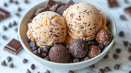 Creamy chocolate ice cream scoops in bowl, chocolate chips, truffles, marble background; dessert food photography