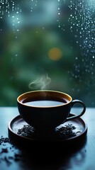 Fototapeta premium Heavy rain falls outside, illuminating the rich tea in a teacup resting on a dark, textured surface.