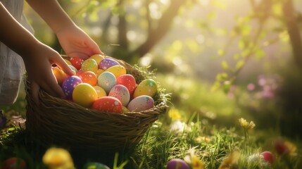 Child collecting colorful easter eggs in sunlit garden