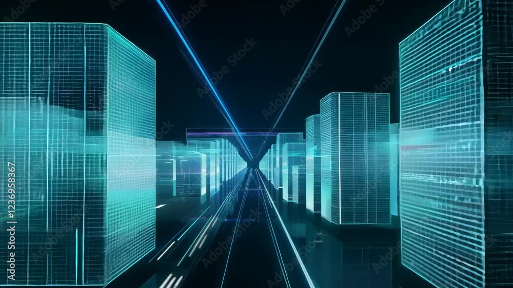 Poster virtual data center corridor with cloud servers providing compute power