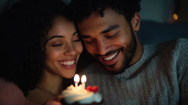 Happy african young couple celebrating with birthday cake and candlelight