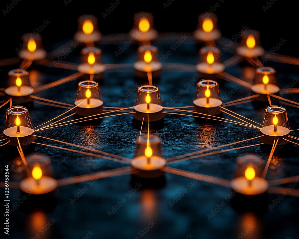 Poster Illuminated network nodes interconnected, glowing in dark.