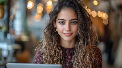 Fototapeta premium Young woman working on laptop in a cozy cafe setting during the day with warm lighting and decorative elements