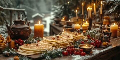 Fototapeta premium Winter Pancakes Festive Table Setting, Cozy Forest Background. Stock Photo.