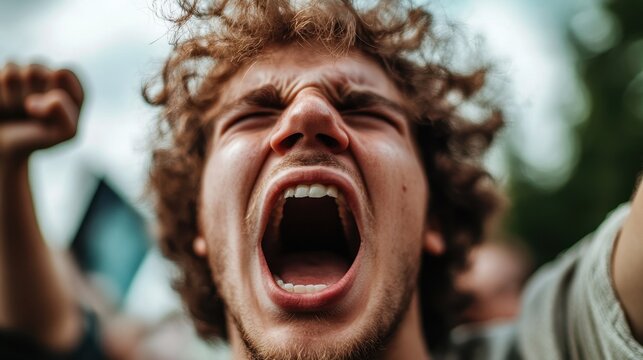 Young caucasian male protesting with passionate expression outdoors