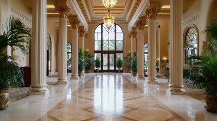 Grand entrance hall with elegant design and large chandeliers