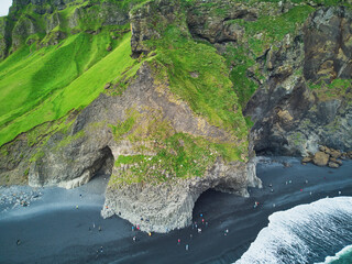 Aerial scenic view of Reynisfjara black sand beach near Vik in Southern Iceland.