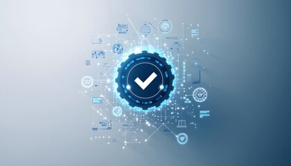 Digital Gear Checkmark Represents Technological Process Completion