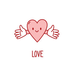 pink  smiling heart with hands vector doodle illustration. Valentines day print