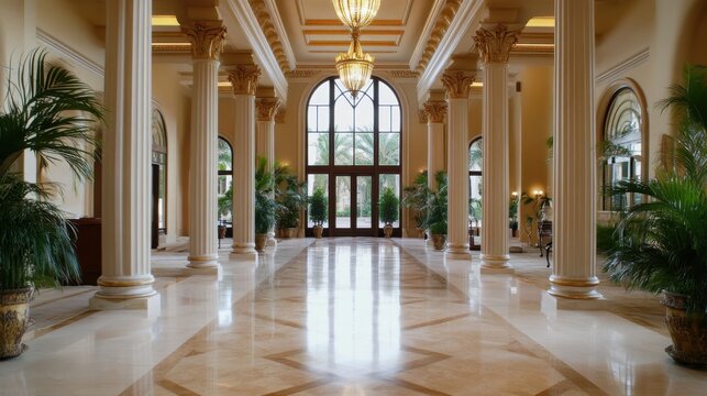 Grand entrance hall with elegant design and large chandeliers - Powered by Adobe