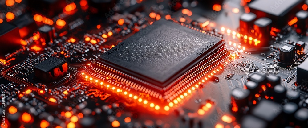 Poster Close-up of illuminated CPU on circuit board.