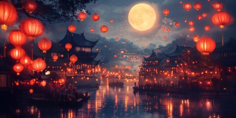 Fototapeta premium Lanterns illuminating a scenic lake under a full moon at a traditional village festival in the evening. Generative AI