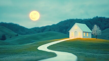 Fototapeta premium Moonlit house on hillside, winding road, peaceful night, home design