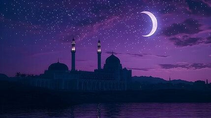 Crescent moon over mosque at night, cityscape background; Ramadan greeting