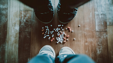 Pills scattered near a person symbolizes the journey of addiction recovery, between struggle and hope.