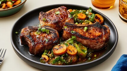 Fototapeta premium Grilled pork chops with sauteed vegetables and cilantro garnish