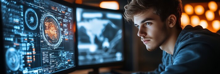 A focused young man intently studies complex data displayed on multiple computer screens, immersed in a late night coding session