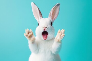 Cute white rabbit with open mouth and raised paws on a blue background. Easter concept, animal wallpaper