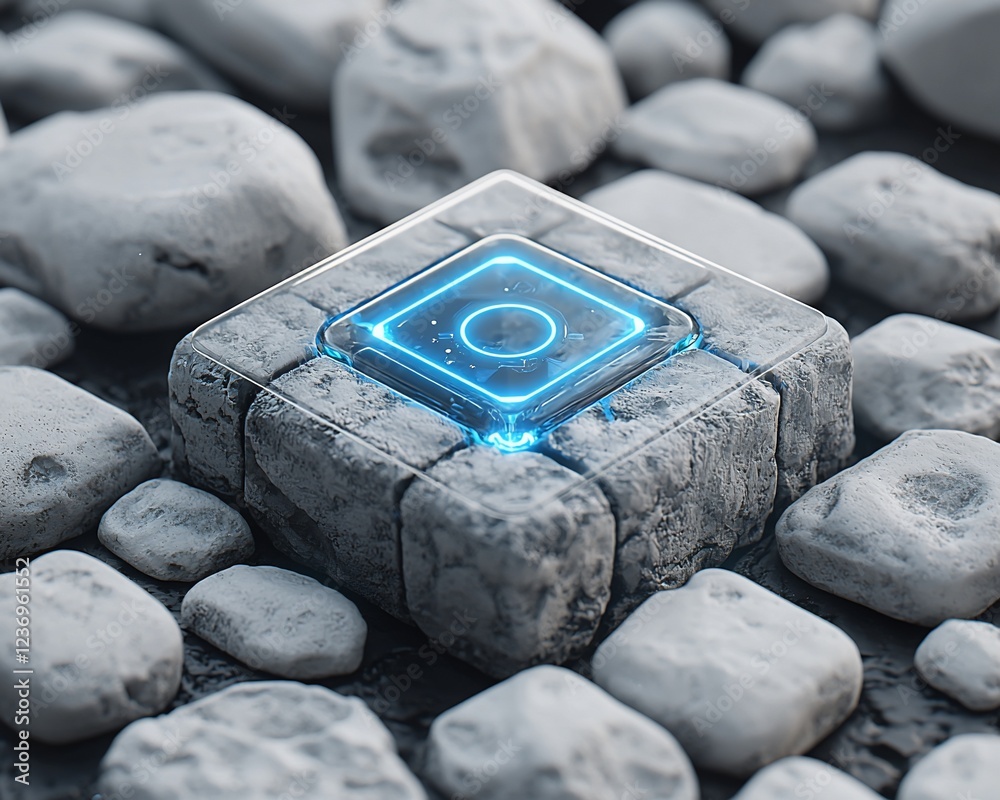Poster futuristic glowing cube on stone surface.