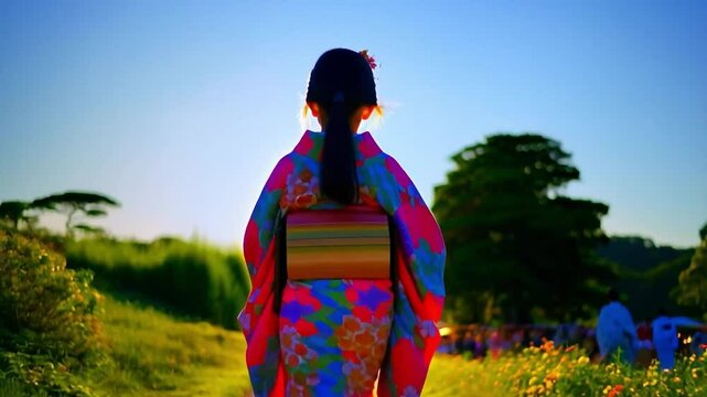 Back View of Young Japanese Girl in Colorful Kimono Walking on a Sunlit Path